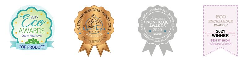 Environmental award badges that ergoPouch has won for its organic cotton and sustainable sleepwear for kids