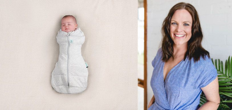 Swaddled newborn baby sleeping next to Steph Gouin, a qualified baby and child sleep consultant, registered nurse and mum to three children