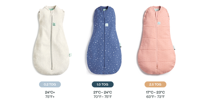 Examples of baby sleeping bags with different TOG rates: 0.2 TOG, 1.0 TOG and 2.5 TOG for winter.
