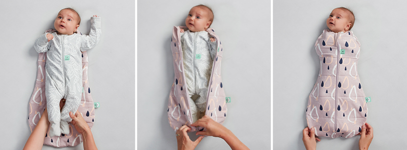 Steps for zipping baby in a swaddle bag