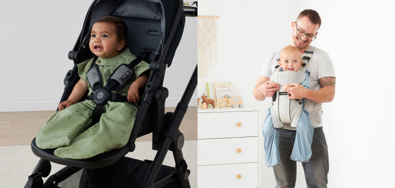 Examples of how the ergoPouch Sleep Suit Bag can be worn in Suit/legs mode and used safely in a pram and carrier