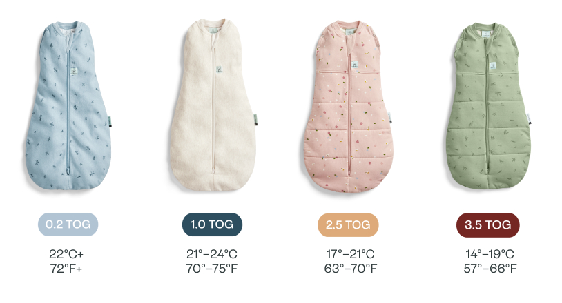 Examples of baby sleeping bags with different TOG rates: 0.2 TOG for summer, 1.0 TOG and 2.5 TOG for winter