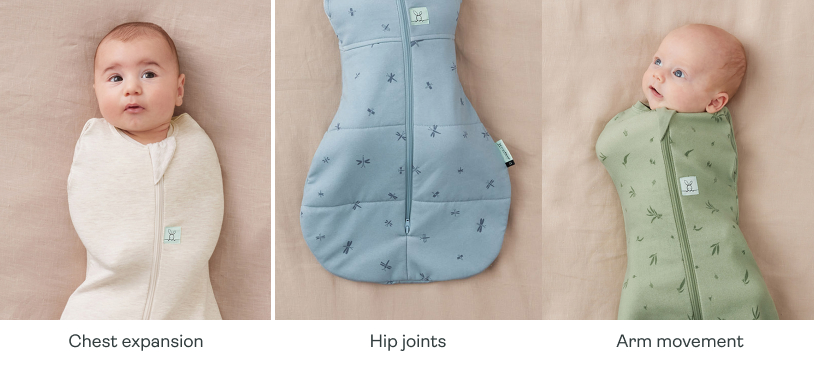 Key ways a safe-sleep swaddle should fit a baby: chest expansion, hip joints and arm movement